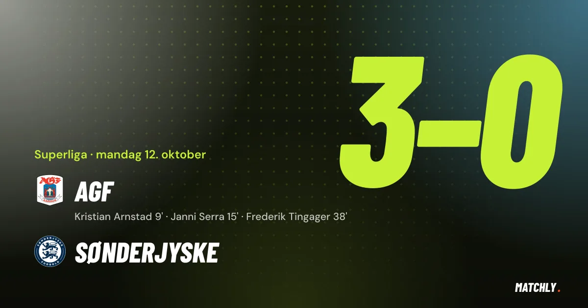 Grafik med resultatet AGF 3-0 SønderjyskE i Superligaen 12. oktober 2026 og AGF's tre målscorere.